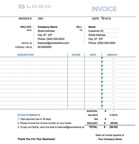 Free Hourly Invoice Template Excel Pdf Word Doc