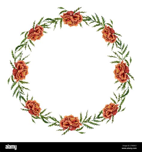 Wreath With Marigold Flowers With Green Leaves Arrangement Hand Drawn