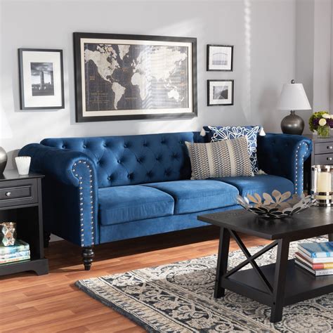 Navy Blue Velvet Chesterfield Sofa Button Tufted In 2024 Blue Couch