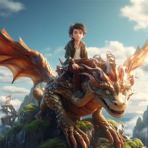 Premium Photo | 3D rendered anime style a boy sitting and riding a dragon