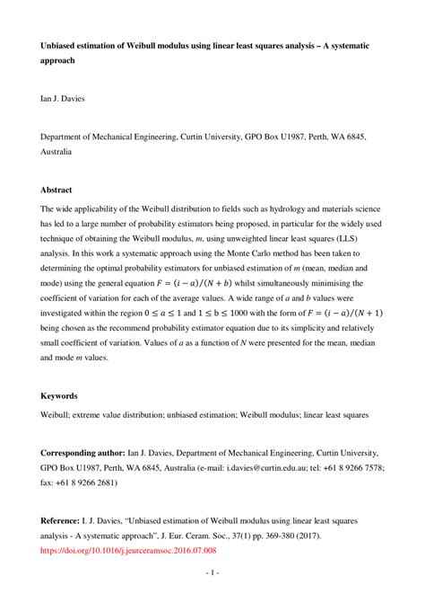 Pdf Unbiased Estimation Of Weibull Modulus Using Linear Least Squares