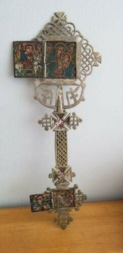 Antique Ethiopian Orthodox Coptic Blessing Cross Hand Painted Virgin