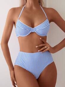 Swim Vcay Women S Striped Printed Halter Neck Bikini Set With Sexy Cut Out Design For Summer