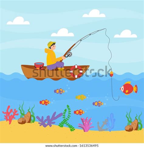 Cute Boy Fishing Boat Fishing Rod Stock Vector Royalty Free