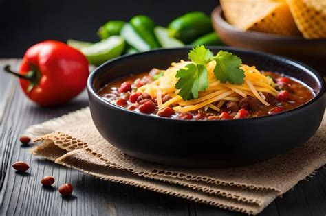 Premium AI Image | a bowl of chili with cheese and vegetables on a table.