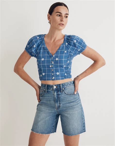 Embroidered Puff Sleeve Crop Top In Windowpane