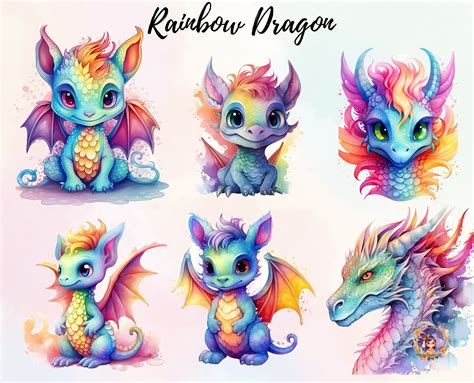 Rainbow Dragon Clipart Watercolor Illustrations Rainbow Dragon Fantasy