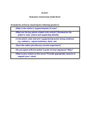 Evaluative Commentary Guide Sheet Pdf ELC231 Evaluative Commentary