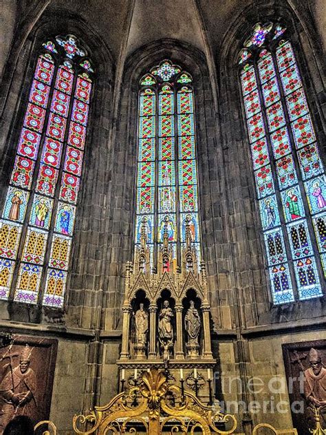 Stained Glass And Altar In St Vitus Cathedral Greeting Card By Kaitlyn Somazze