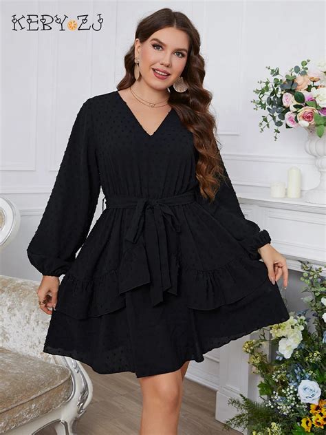 Keby Zj Robe Courte En Polyester Grande Taille Manches Lanternes