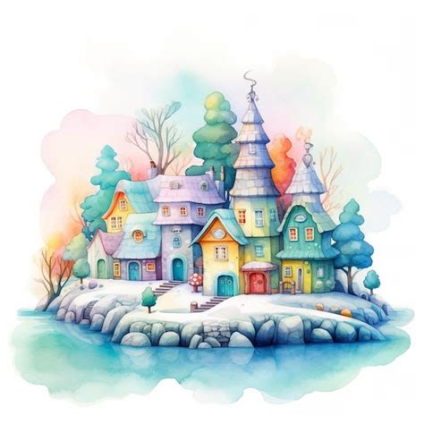 Premium Photo A Watercolor Painting Of A Snowy Village With A Snowy