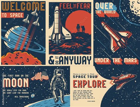 Space exploration vintage colorful posters Stock Vector | Adobe Stock