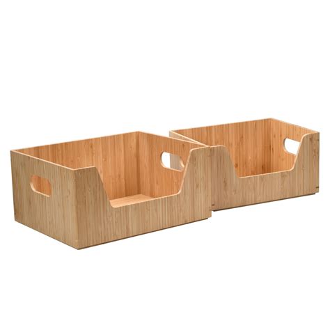 2-Piece Bamboo Open-Front Storage Bin Set – Large & Small Stackable Or