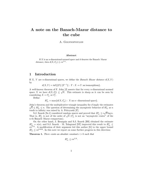 Pdf A Note On The Banach Mazur Distance To The Cube