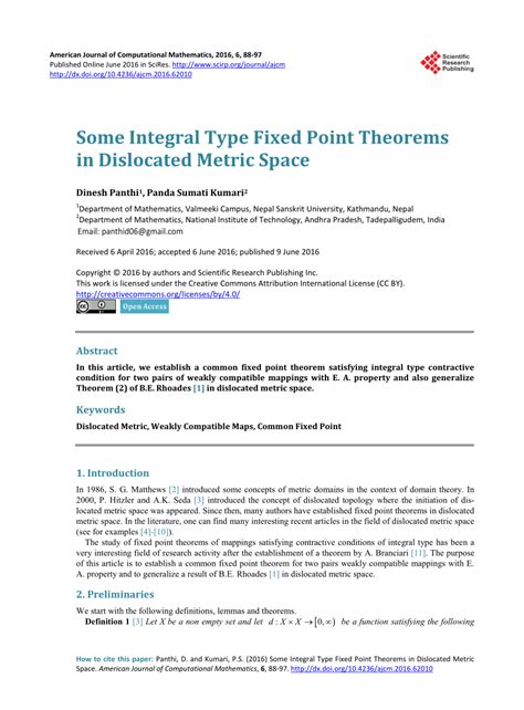 Pdf Some Integral Type Fixed Point Theorems In Dislocated Metric Space