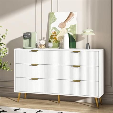 TJUNBOLIFE 6 Drawer Double Dresser For Bedroom Modern Fluted Closet