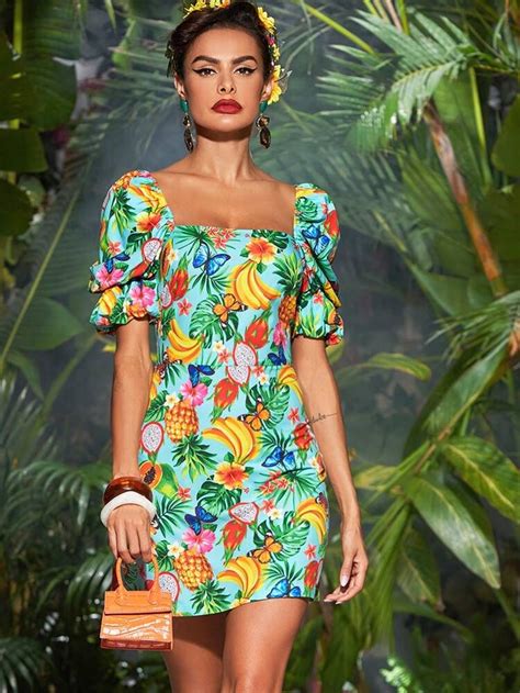 Tropical Print Puff Sleeve Fitted Dress Shein Usa In 2020 Fitted