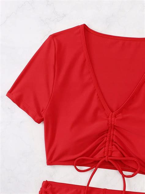 STRÓJ KĄPIELOWY BIKINI SZORTY CZERWONE SHEIN L oficjalne archiwum Allegro