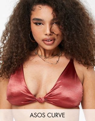 ASOS DESIGN Curve Mirror Satin Knot Front Bikini Crop Top In High Shine