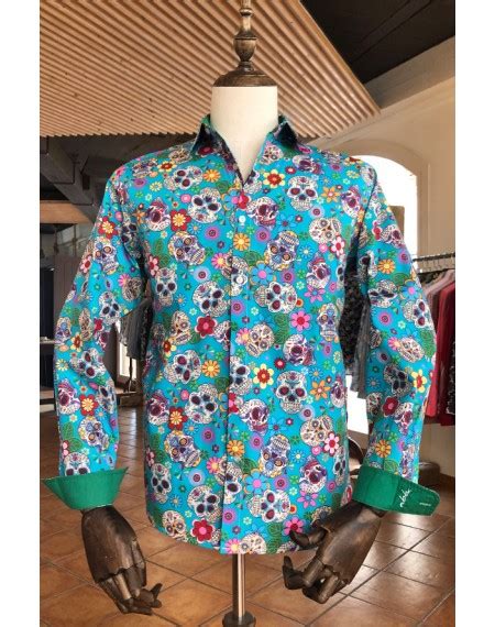 Mexican Skull Print Turquoise Mens Shirt Abh Collection JÁvea