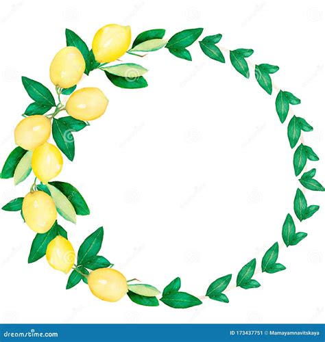 Watercolor Hand Painted Lemon Wreath Lemons Fruit Frame Wedding