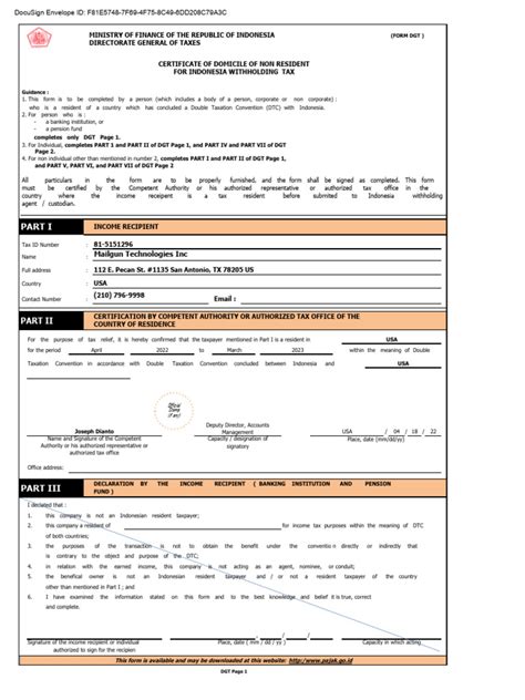 Form Dgt Certificate Of Domicile Of Nonresident Indonesia Wht Executed Pdf Taxes Income