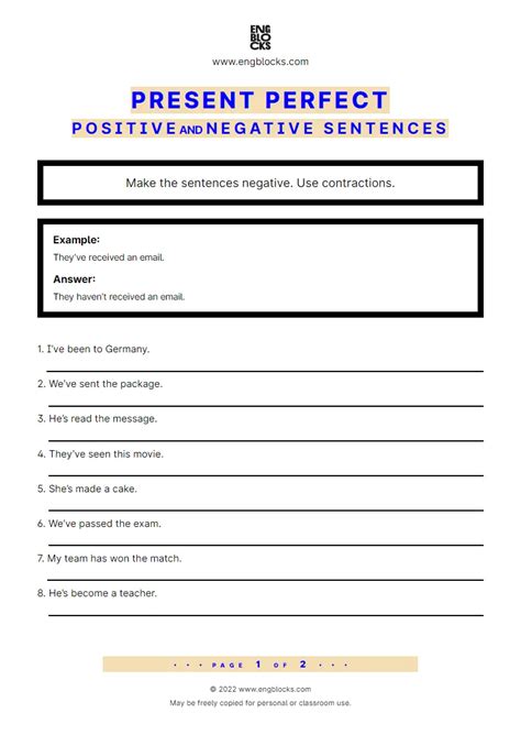 Present Perfect — Positive And Negative Sentences Esl Worksheets