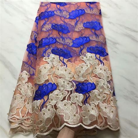 5 yards français voile dentelle perlée tissu rose bleu royal Africain