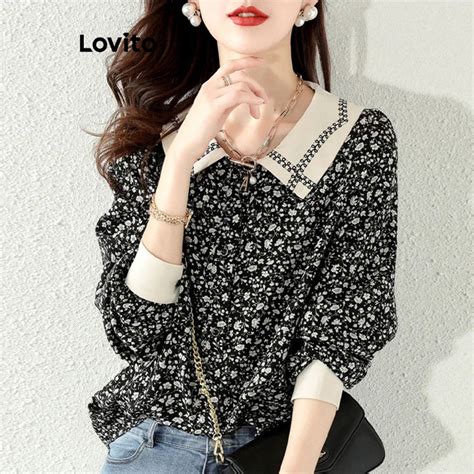 Lovito Women Casual Ditsy Floral Button Front Colorblock Blouse