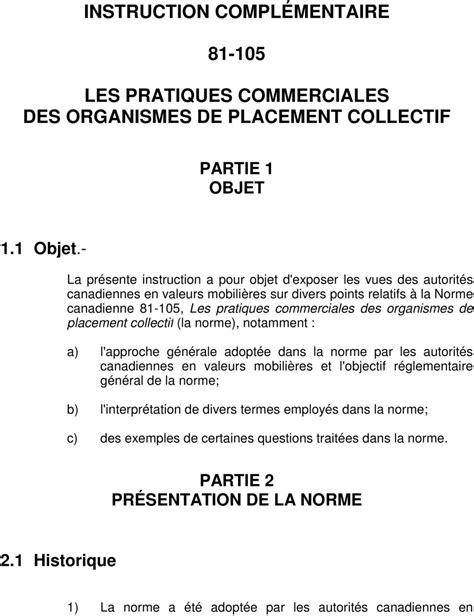 INSTRUCTION COMPLÉMENTAIRE LES PRATIQUES COMMERCIALES DES ORGANISMES DE