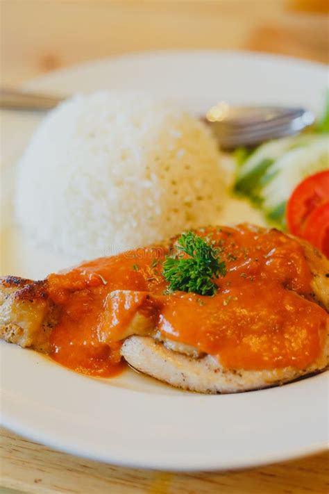 Rice with chicken steak stock photo. Image of background - 99417116