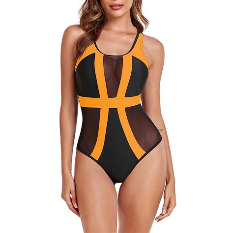 Women S One Piece Sporty Swimsuit Sexy Sheer Mesh Splicing Tummy