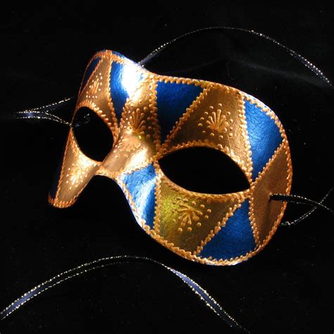 Domino Mask In Blue And Gold Handmade Leather Mask