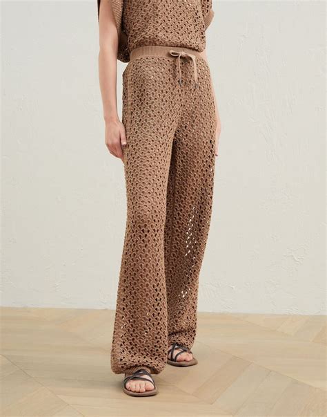 Brunello Cucinelli Dazzling Net Knit Trousers In Cotton Linen And