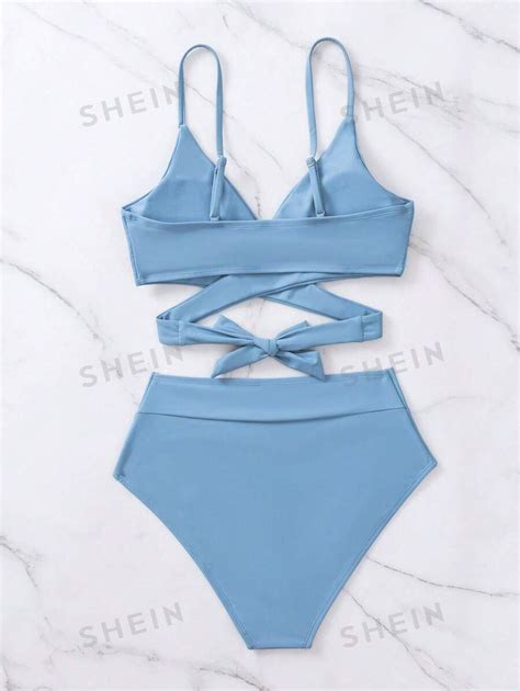 Shein Swim Vcay Solid Bikini Set Crisscross Tie Back Bra Overlap High