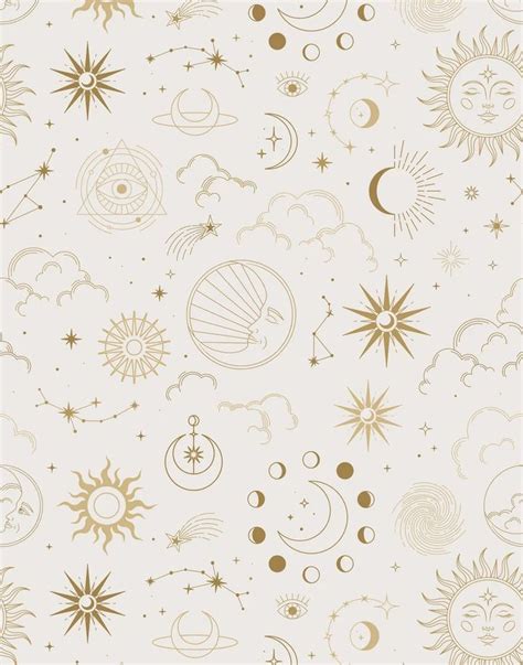 The Sun Moon And Stars Are All Drawn In Gold On White Paper With Black Ink