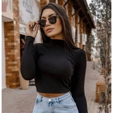 Cropped Manga Longa Gola Alta Canelado Moda Gringa Tendencia Shopee