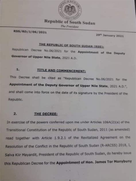 Splm Io Dropped Gen Olony As His Deputy Hon Abudhok Ayang Kur Is Appointed Governor Of Upper