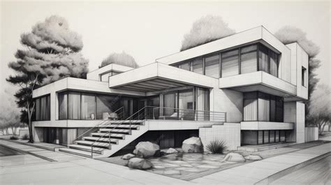 detailed pencil drawing  modern house  steps premium ai