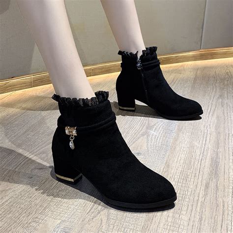 Shldybc Ankle Boots For Women Chunky Block Heel Side Zipper Fall Winter