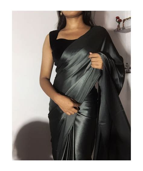 Charcoal Satin Saree Aynaa Satin Saree Saree Wearing Styles Saree