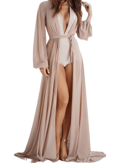 Gureui Women Sexy Mesh Bikini Cover Ups Maxi Dress Long Sleeve Deep V Neck See Through Lace Up