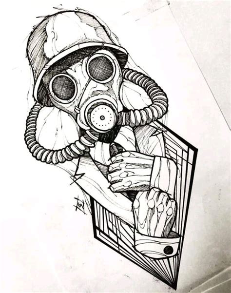 a drawing of a person wearing a gas mask and holding something in their ...