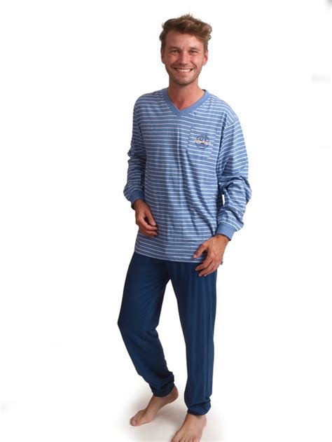 Gentlemen Heren Pyjama Single Jersey V Hals Blauw Maat