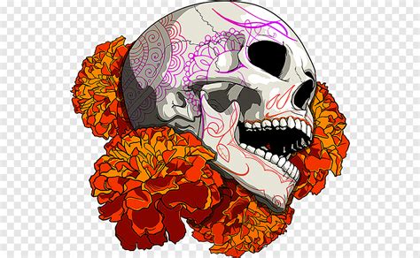 Sugar Skull With Flowers Illustration Calavera Mexican Marigold Day Of