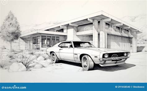 Lifelike Renderings Of An Old Muscle Car In Front Of A House Stock