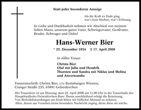 Traueranzeigen Von Hans Werner Bier Trauer In Nrw De