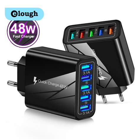 Elough 60W 5 Ports Multi USB Charger Cell Phone Adapter QC 3 0 Wall