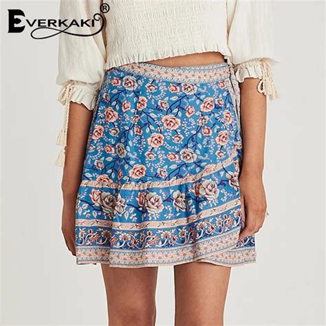 Everkaki Floral Print Boho Mini Skirts Women Sashes Bohemian Vintage