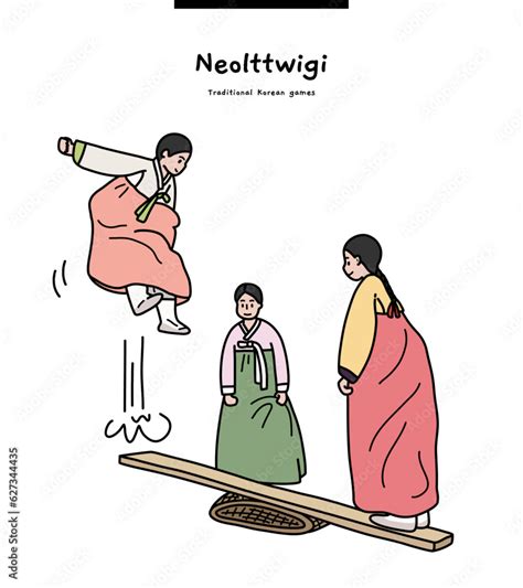 This illustration shows girls wearing hanbok playing Neolttwigi, a traditional Korean game ...